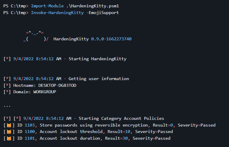 HardeningKitty running an audit in PowerShell, printing passed account-policy findings