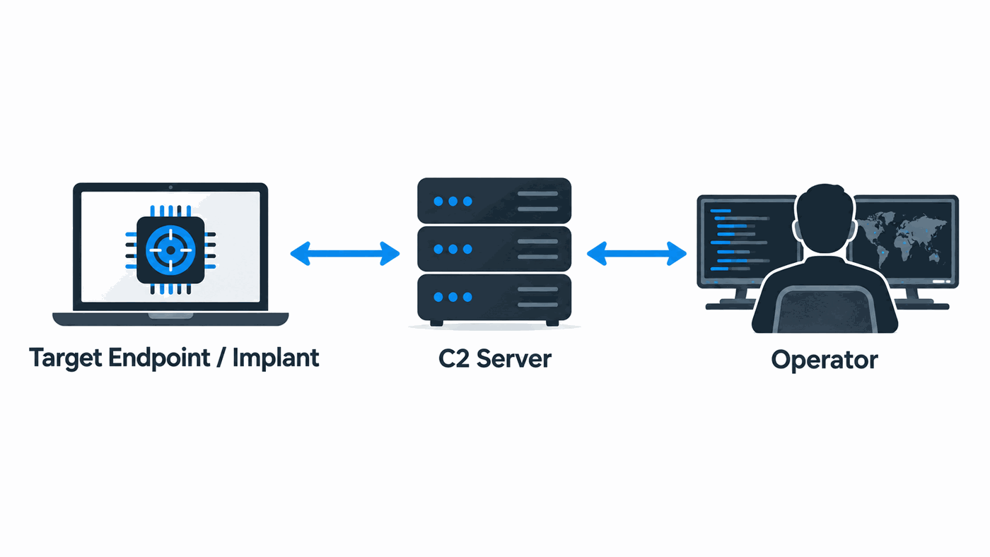 A target endpoint or implant communicating directly with a C2 server, which the operator also connects to